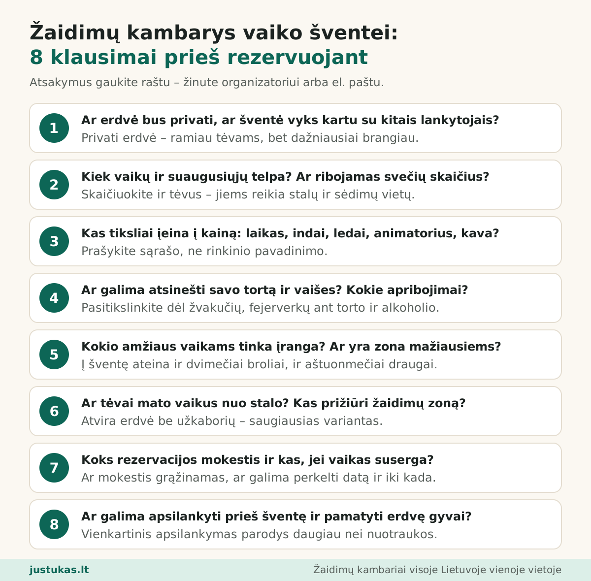 Infografikas: 8 klausimai žaidimų kambario organizatoriui prieš rezervuojant šventę – justukas.lt